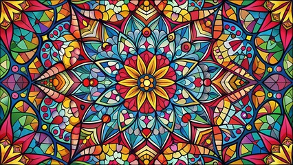 Vibrant, intricately designed stained glass vector illustration featuring a kaleidoscope of colors, geometric shapes, and ornate patterns, perfect for decorative backgrounds and artistic projects.
