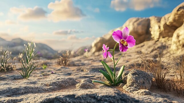 Pink Orchid Blooming in a Rocky Landscape