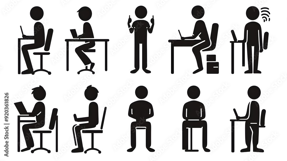 Aufkleber silhouette illustrations of people working at desks and using technology.