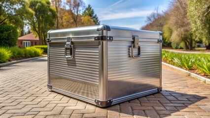 A sturdy, portable metal container with secure latches and handles, ideal for relocating household items, stands alone on a sunny, paved driveway.