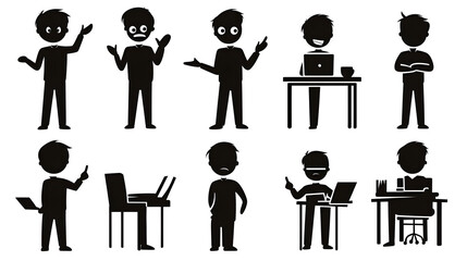 Silhouette illustrations of people in various poses and activities, representing work and leisure.