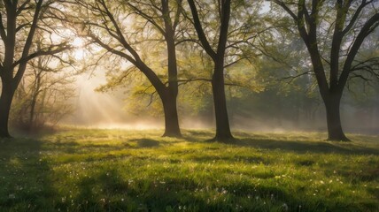 Fototapeta premium Foggy spring meadow with sunlight 