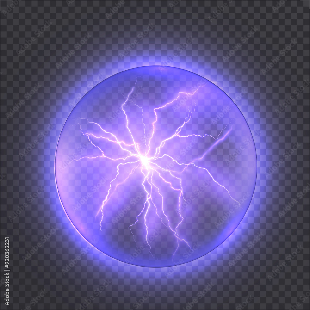 Aufkleber Lightning strike Realistic lightning on transparent background. Plasma energy explosion inside a ball with many ball lightning. Vector for web design and illustrations. Lightning PNG.