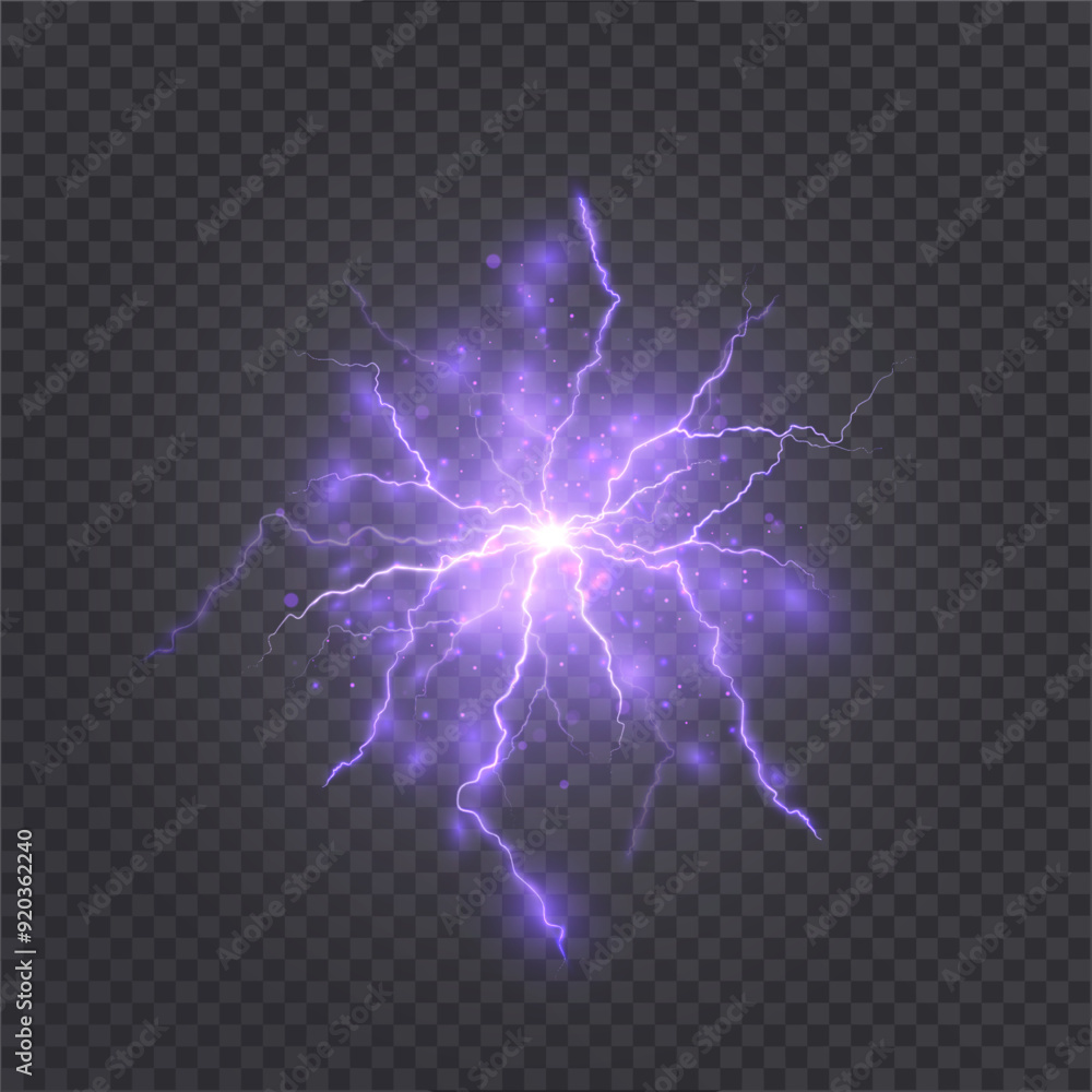 Aufkleber Bright lightning. Realistic lightning on transparent background. Explosion of energy with many ball lightning. Vector for web design and illustrations. Lightning PNG.