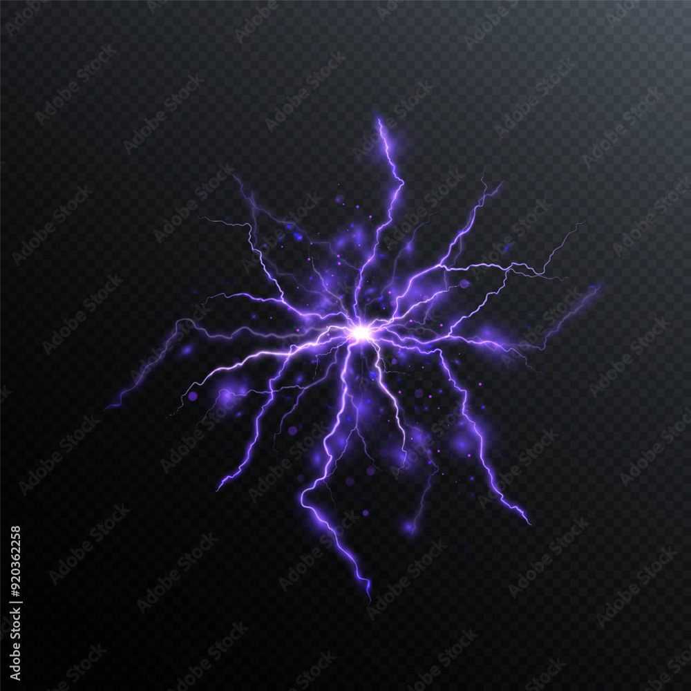 Poster Bright lightning. Realistic lightning on transparent background. Explosion of energy with many ball lightning. Vector for web design and illustrations. Lightning PNG.