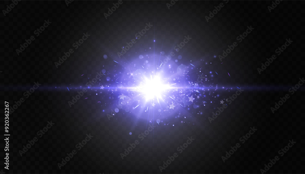 Poster vivid purple light effect. bright flare light lens. glow effect. starry flares with shimmering highl