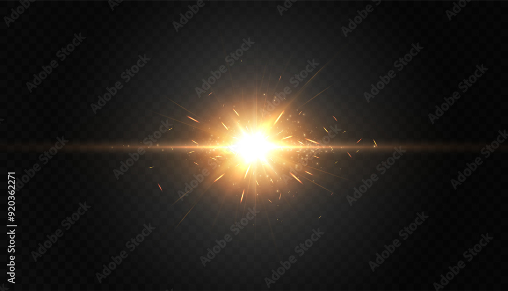Poster bright golden light effect. bright flare light lens. glow effect. starry flares with shimmering high