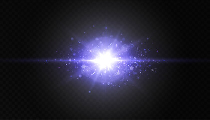 Vivid purple light effect. Bright flare light lens. Glow effect. Starry flares with shimmering highlights. Beautiful shimmering highlights light effect. Vector 10 EPS