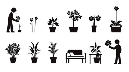 Siluet berbagai tanaman dan aktivitas berkebun.
