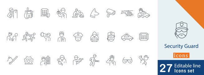Security Guard editable Icon collection set. containing police van, guard, gun, protection, handcuffs more illustration