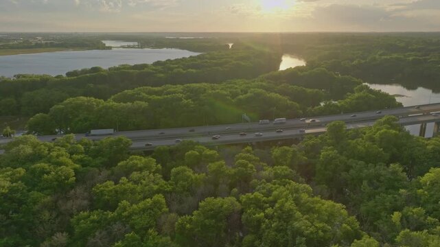 4K Evening Side Scrolling Drone Shot Of 169 Bridge Minnesota River Savage MN