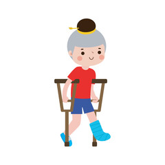 Fototapeta premium thai kid injured with broken leg in gypsum. little children standing on crutches, cartoon teen disabled character broken leg in plaster. isolated on white background Vector illustration