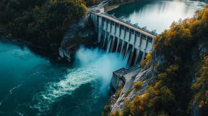 Aerial view of a hydroelectric dam generating power