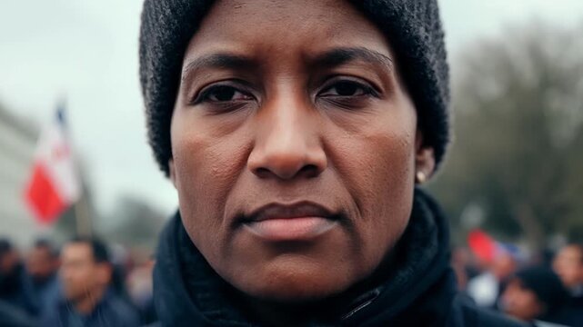 Closeup of the lone marchers face filled with determination and strength despite their solitary protest.