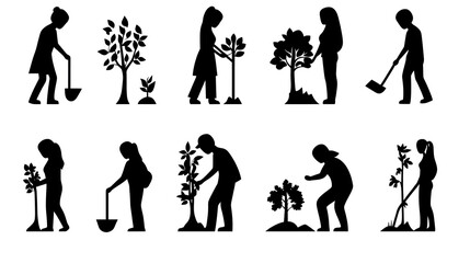 Obraz premium Siluet kegiatan menanam pohon dan merawat tanaman.