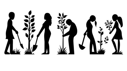 Obraz premium Silhouette figures planting trees, promoting environmental awareness and community gardening.
