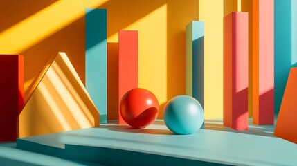 Geometric 3D background with colorful 3D geometric shapes and shadow play, playful and artistic