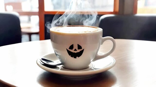 A cup of hot coffee with steam escaping from it stands on a saucer on a light background. There is a drawing of a ghost on the cup. Halloween concept in a coffee shop.
