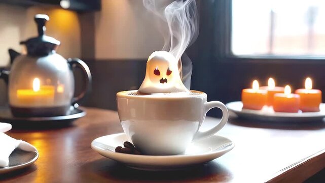 A cup of hot coffee with steam and a ghost figurine stands on a saucer on a light background. Candles in the background. Halloween concept in a coffee shop.