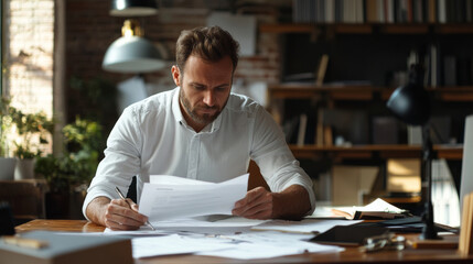 Businessman reviewing documents at his desk