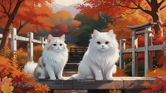 Two white cats in the temple courtyard, smooth looping video 4K animation 