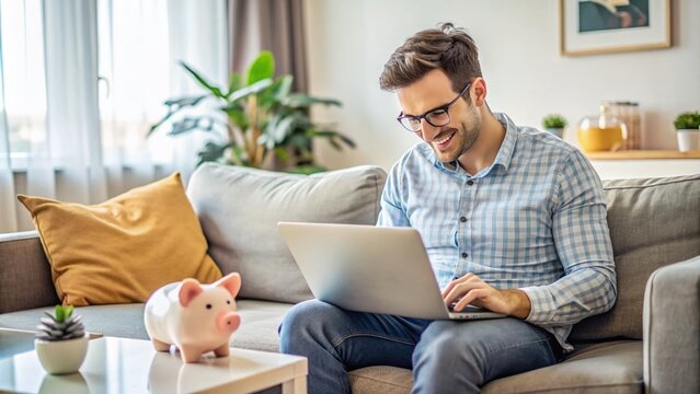 Young adult sitting on couch with laptop open to online banking website, surrounded by financial papers and piggy bank, planning financial future.