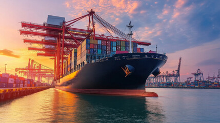 Fototapeta premium Cargo ship docked at a busy port with cranes loading containers