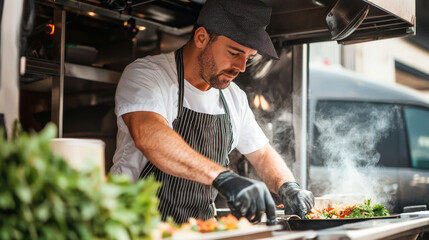 Chef inside a food truck preparing a fresh meal