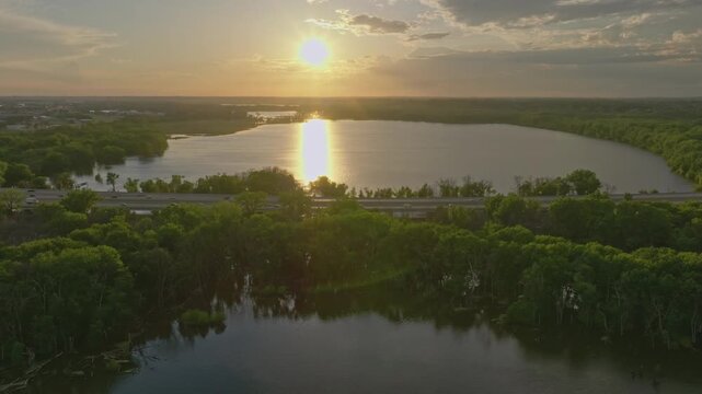 4K Wide Side Scrolling Drone Shot Of 169 Bridge Over Rice Lake Savage MN