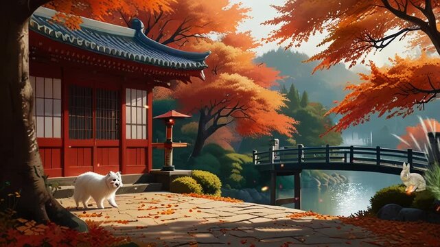 A dog in the courtyard of a Japanese temple, a subtle looping video.
