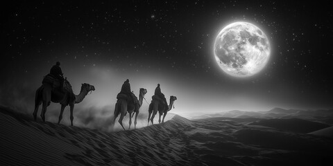Desert Moonlight Caravan: A Black-and-White Adventure with Camels and Sand Dunes, generative ai