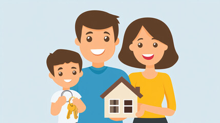 Fototapeta premium A flat design illustration of a family holding a house model and keys, representing the concept of mortgage loan and home ownership.