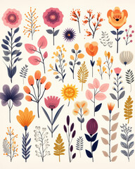 A vibrant collection of floral illustrations featuring diverse flowers and leaves in unique styles and colors.