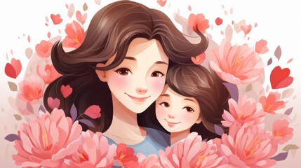 Mothers Day card illustration, isolate, white background, flat design, front view, heartfelt theme, cartoon drawing, colored pastel.