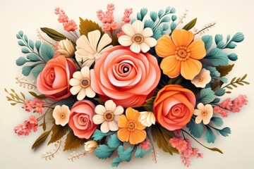 Flower bouquet illustration, isolate, white background, flat design, top view, garden theme, animation, vivid.