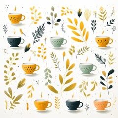Abstract tea pattern illustration, isolate, white background, flat design, top view, modern theme, cartoon drawing, Split-complementary color scheme.