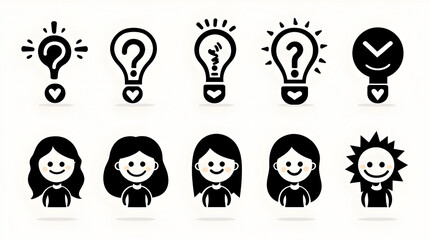 Gambar ikon yang menggambarkan berbagai ekspresi wajah dan simbol pemikiran.