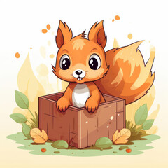 Cute cartoon squirrel sitting in a wooden box, surrounded by autumn leaves and cheerful colors, perfect for children's projects.