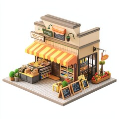 3D Render of a cozy neighborhood grocery store with a quaint exterior and welcoming atmosphere