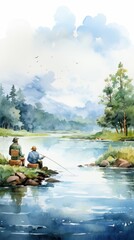 Two anglers fish peacefully by a serene lake, surrounded by lush nature and tranquil waters under a cloudy sky.