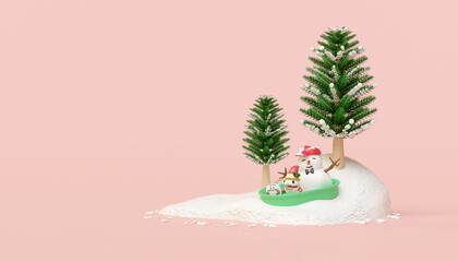 3d snowman and cute monster friends in bucket with christmas tree isolated on pink background. merry christmas and happy new year, 3d render illustration