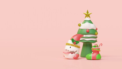 3d cute monster with christmas sock, tinsel, gift box, christmas tree, staff isolated on pink background. merry christmas and happy new year, 3d render illustration