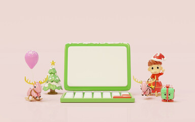 3d laptop computer with santa claus kids, reindeer, sleigh, christmas tree, rocking deer, balloon isolated on pink background. merry christmas and happy new year, 3d render illustration