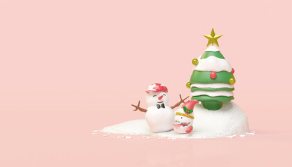 3d snowman and cute monster friends on snow hill with christmas tree isolated on pink background. merry christmas and happy new year, 3d render illustration