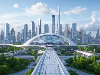 Naklejka premium A futuristic city where cancer has been eradicated due to widespread innovation symbolizes universal remission.