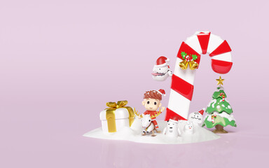 3d santa claus kids and cute monster friends with reindeer, candy cane, jingle bell,  pine tree isolated on purple background.  merry christmas, happy new year, 3d render illustration