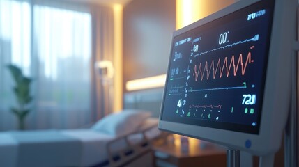 Vital Signs Monitor in Hospital Room with Blurred Background of Patient's Bed