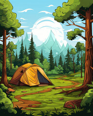 A serene camping scene featuring a yellow tent nestled among lush trees and majestic mountains under a bright blue sky.