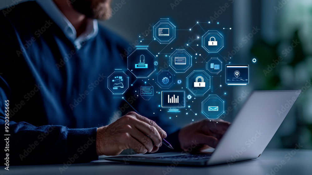 Poster a professional man working on a laptop with digital security icons in the background, symbolizing te