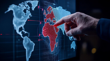 A hand interacting with a digital world map highlighting regions in red, showcasing technology and global connectivity.
